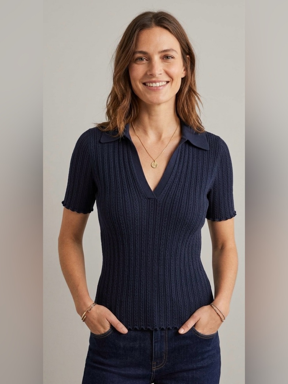 Boden Navy Blue Ribbed Pointelle Knit V-Neck Polo Top - Short Sleeve